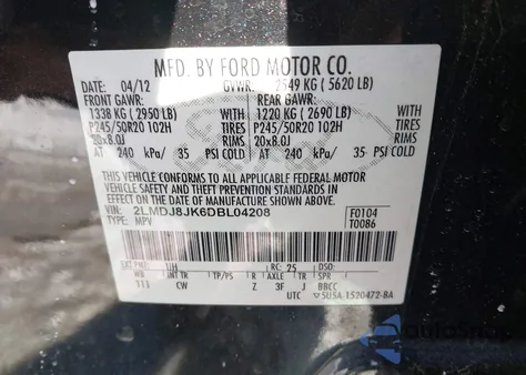 2013 Lincoln Mkx из США, поврежденный, VIN 2LMDJ8JK6DBL04208